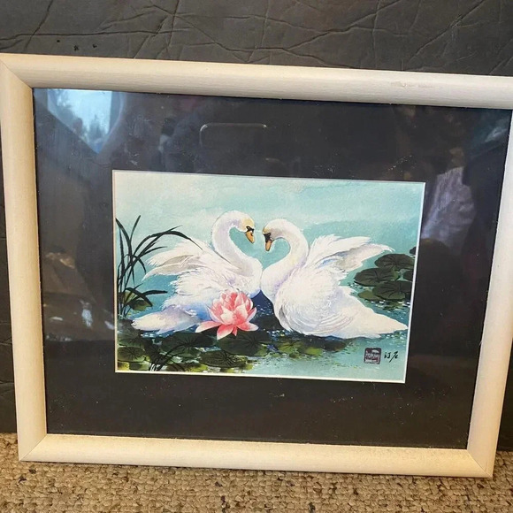 Watercolor Painting White Swans Lovers In Water Waterlily Artwork Framed 9”X11” - Picture 1 of 6